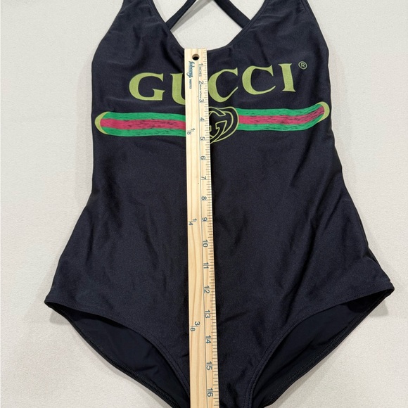 Gucci Black One-Piece Swimsuit with Neon Green Logo and Red-Green Stripe - Picture 5 of 11